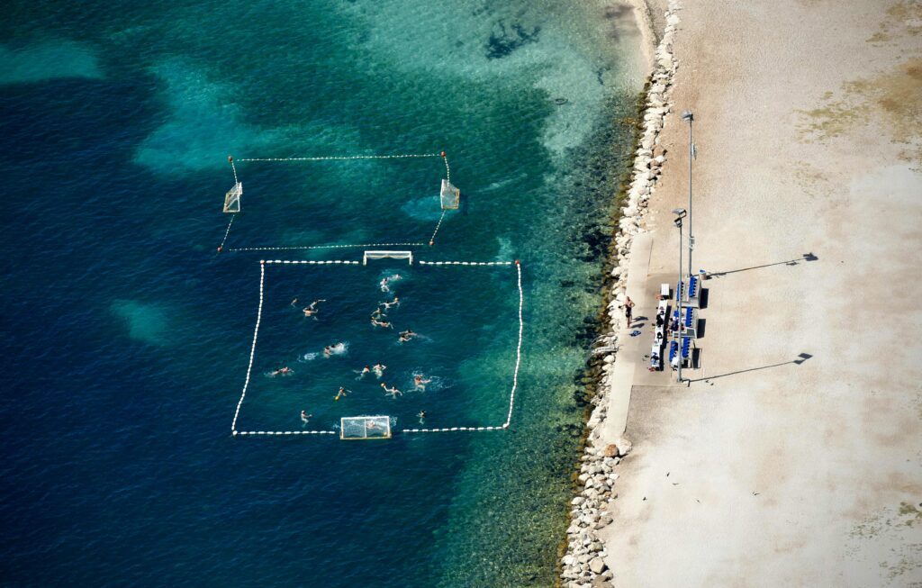 Aerial View of People Playing the Water Polo on a Beach in Omis, Dalmatia, Croatia