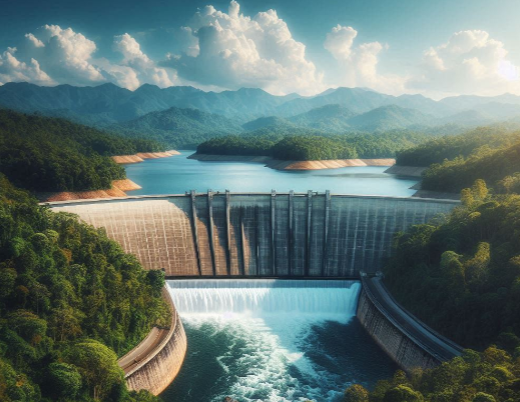 A dam generating electricity through water.